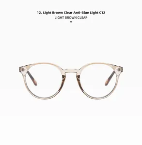 Detail view of round light brown anti-blue light glasses frame with clear lenses