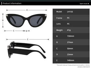 Detaillierte Größentabelle für LH155 Cat-Eye-Sonnenbrillen mit Maßen für PC-Rahmen
