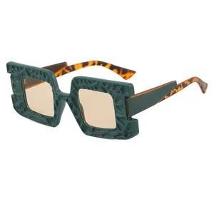 Square oversized green sunglasses with 3D hollow texture and tortoiseshell temples