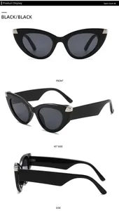 Drei Ansichten der schwarzen Cat-Eye-Sonnenbrille mit silbernen Akzenten und dunklen Gläsern