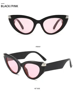Detailansicht der schwarzen Cat-Eye-Sonnenbrille mit rosa Gläsern von vorne und der Seite