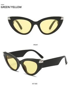 Front- und Seitenansicht der Cat-Eye-Sonnenbrille mit schwarzem Rahmen und gelben Gläsern