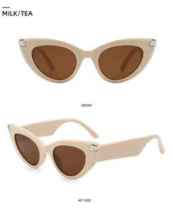 Front- und Seitenansicht der Cat-Eye-Sonnenbrille in Milchteefarbe mit Metallakzenten