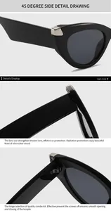 Detailansicht der Cat-Eye-Sonnenbrille mit verstärkten Metallscharnieren und UV-Schutz
