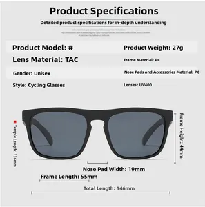 Detailed specs of TAC polarized sports sunglasses with UV400 protection and PC frame dimensions