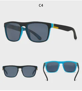 Detail view of polarized sports sunglasses with black frames and blue temple lining