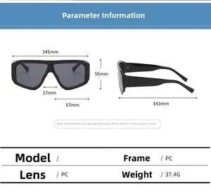 Tableau des tailles avec largeur 141mm et poids 37,4g pour lunettes de soleil futuristes
