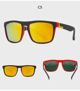 Detailed view of red and black polarized sports sunglasses with orange mirrored lenses