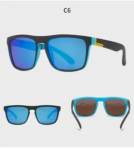 Detail view of polarized sports sunglasses with black blue frame and Polarized logo