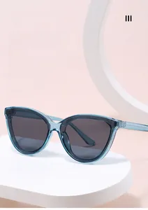Detail showing stylish blue transparent cat-eye frames with dark grey lenses