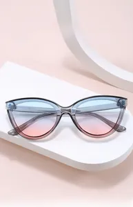 Detailed view of cat-eye sunglasses with blue-pink gradient lenses and UV400 protection
