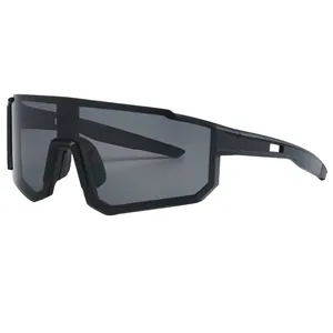 Professional matte black cycling sunglasses with oversized dark grey wrap-around lens