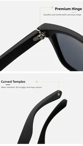 Detailed macro view of durable metal hinges and anti-slip curved temple tips of sport sunglasses