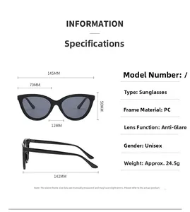 Detailed size specifications and dimensions for black cat-eye sunglasses in a macro view