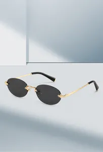 Detail of vintage rimless oval sunglasses showing gold metal hinge and dark grey lenses