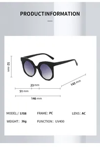 Tableau des tailles détaillé pour lunettes œil de chat avec protection UV400 et PC