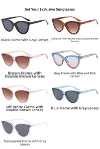 Detailed comparison of cat eye sunglasses in seven color variants on white background