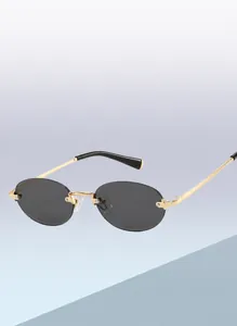 Detailed close-up of golden metal hinges and oval lenses on rimless sunglasses