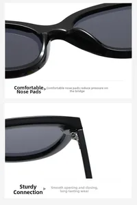 Detail view of smooth nose pads and sturdy metal hinges on these cat eye sunglasses