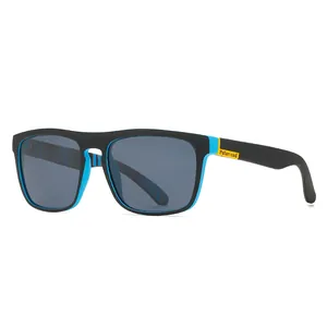 Polarized sports sunglasses with black frame, sky blue lining, and dark grey lenses