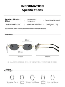 Detailed size specifications and dimensions for vintage oval rimless sunglasses