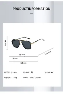 Especificaciones de tamaño detalladas para gafas de sol cuadradas de metal con UV400