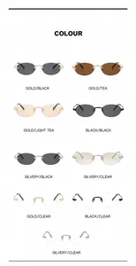 Macro view of nine diverse metal rimless oval sunglasses with various lens colors