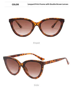 Front and side view of cat eye sunglasses with leopard frame and brown lenses
