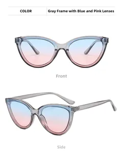 Detail view of cat eye sunglasses with grey transparent frame and blue pink gradient lenses