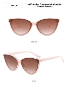 Front and side views of cream-colored cat eye sunglasses with brown gradient lenses