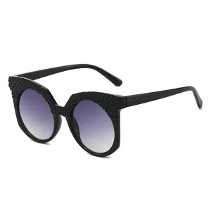Lunettes de Soleil Mode Femme Rondes Monture PC UV400 Verres Dégradés Texture Treillis Élégant Voyage de Plein Air