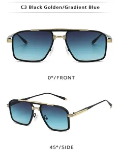 Vistas frontal y lateral de gafas de sol cuadradas en negro dorado con lentes de degradado azul