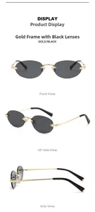Three-view display of rimless oval sunglasses with gold metal frame and dark grey lenses