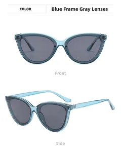 Detail view of cat eye sunglasses with blue frame and gray lenses from front and side