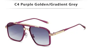 Detalle de gafas de sol cuadradas para hombre en color violeta dorado y lentes grises