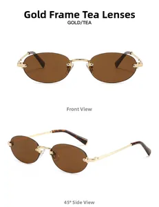 Detailed front and side view of oval rimless sunglasses with gold frames and tea lenses