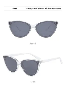 Detailed front and side views of cat-eye sunglasses with transparent frames and gray lenses