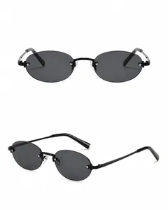 Front and 45-degree side macro view of minimalist oval rimless metal sunglasses