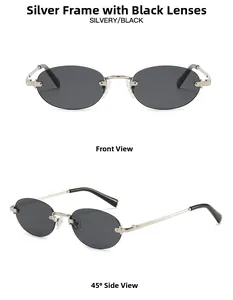 Front and 45-degree angle views of rimless oval sunglasses with silver metal frame