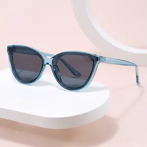 Retro cat-eye sunglasses with blue transparent frames and dark grey lenses on display
