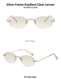 Close-up of rimless oval sunglasses with silver metal temples and gradient white lenses