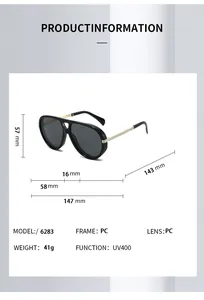 Detailed size specifications for pilot sunglasses featuring UV400 PC frame and metal temples