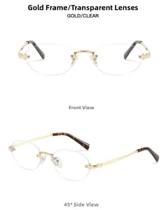 Detail view of oval rimless glasses with gold metal frames and tortoiseshell temple tips