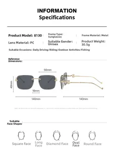 Technische Daten und Maße der randlosen Sonnenbrille mit Bügeln im Schlangendesign