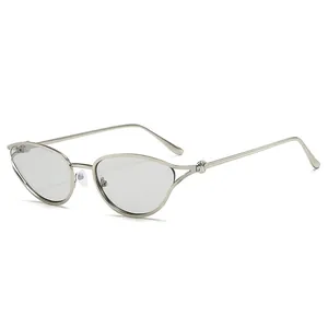 Cat eye zonnebril met zilveren metalen montuur en elegant knoopdetail op de pootjes