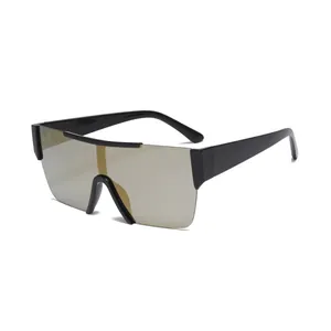 Frameless oversized shield sunglasses with light brown mirror lenses and wide black temples