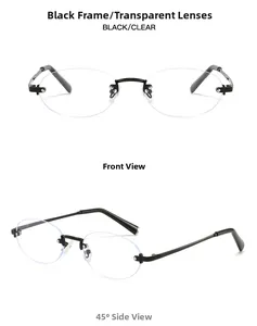 Detail view of oval rimless sunglasses featuring sleek black metal frames and clear lenses