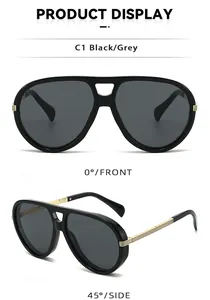 Front and profile views of black double-bridge aviator sunglasses with gold temple details