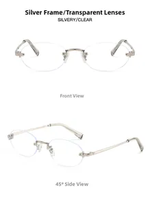 Detail of silver oval rimless glasses with clear lenses and slim metal temples