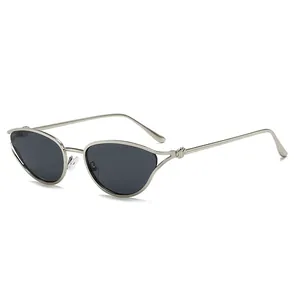 Cat eye zonnebril met zilveren metalen frame en donkere glazen op een witte achtergrond